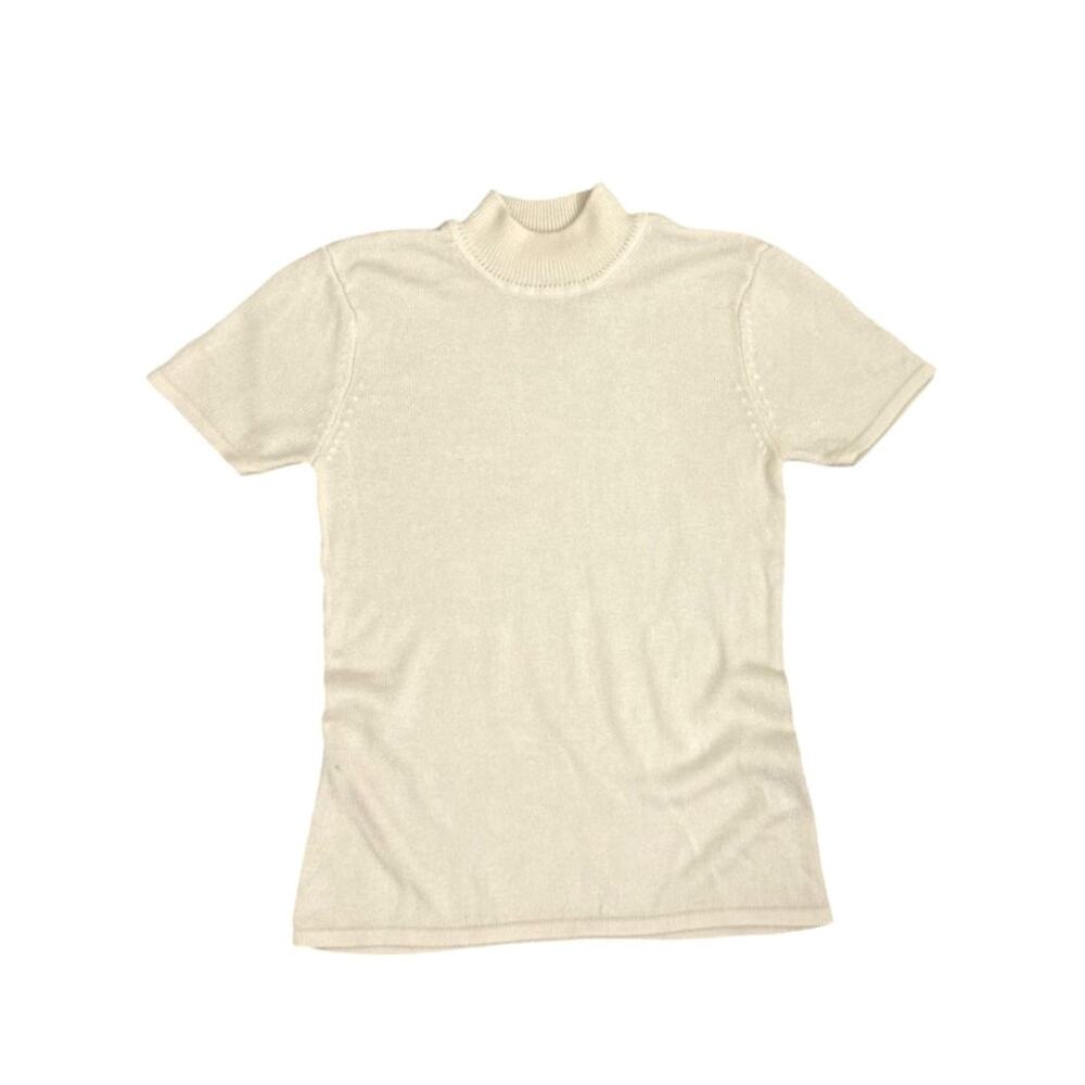 Tahari Mock Turtleneck Short Sleeve Preppy Office Ivory Sweater Size 10
